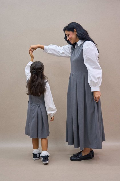 Anthracite Pleated Polyviscose Jile Dress and Girl's Dress Mother-Daughter Combination (Sold as Single)