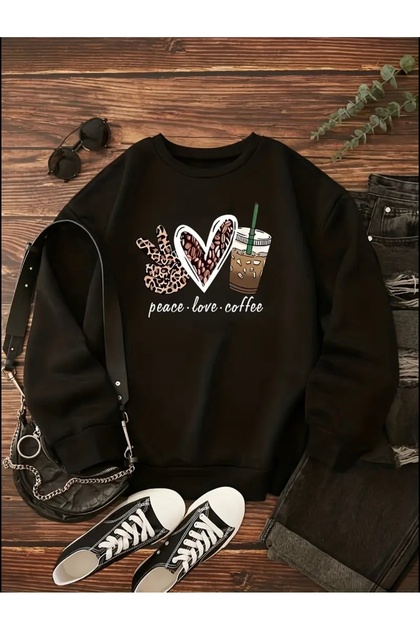 Peace Love Coffee Printed Oversize Unisex Women/Men Crop Neck Sweatshirt