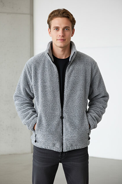 Oversize, Fermuarlı, Dik Yaka, Beli Lastikli, Peluş Ceket
