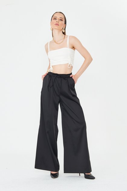 Women's Trousers Elastic Waist Lace-Up Wide Leg Pants Stretch Fabric Wide Leg Casual Black Color