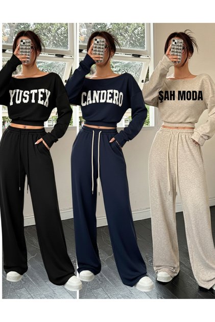 3-Piece Winter Black Gray Navy Wide-Leg Winter Sweatpants Set Plus Size Comfortable Fabric