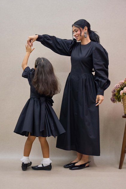 Pleated Black Poplin Mother and Daughter Watermelon Sleeve Flared Dress Combination (Sold as a Single Item)