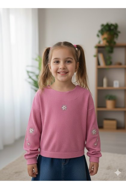 Eid Girls' Corded Fabric Stone Embroidered Sweat Blouse Camisole