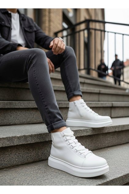 White Lace-Up High Light Sole Style Men's Sports Boots Tge230863