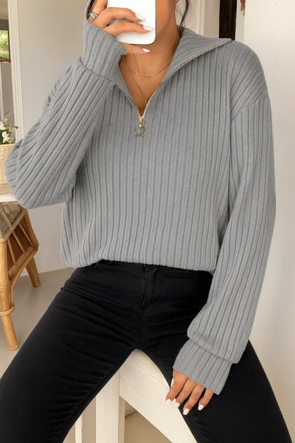 Grey Mock Neck Zipper Long Sleeve Corded Fabric Fabric Top