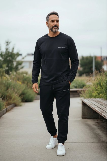 Slim Fit - Elastic Leg Winter Cotton Men's Tracksuit Pajama Set - Black