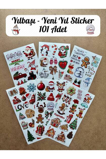 101 Adet Yılbaşı, Yeni Yıl Temalı Sticker Seti - Noel, Kardan Adam, Çam Ağacı, Hediye Paketi, Etiket