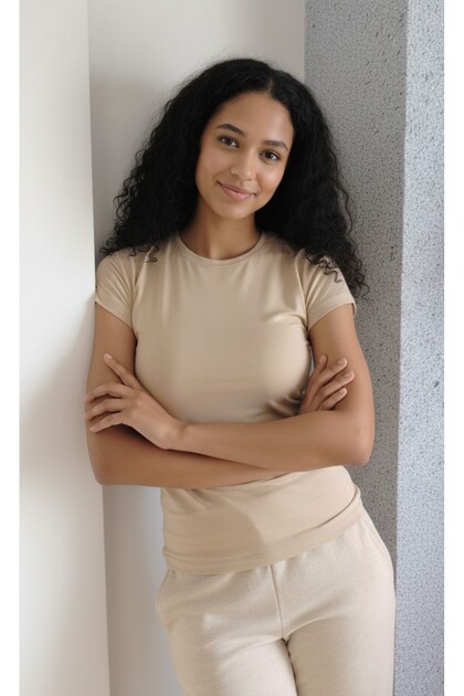 Women's Short Sleeve Crop Top with Circular Neckline in Latte (Milk Coffee) Color