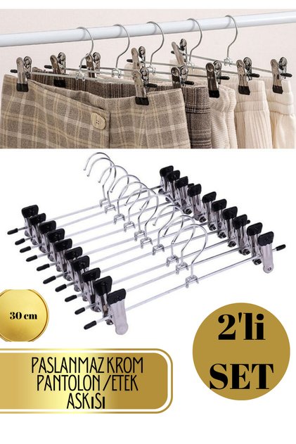 2 adet Paslanmaz Krom Pantolon & Etek Askısı 2’li Set – Kaydırmaz Mandallı 30 cm