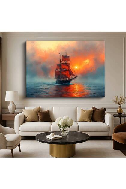 Tarihi Yelkenli Turuncu Günbatımı Kanvas Tablo Tall Ship Macera Tablo