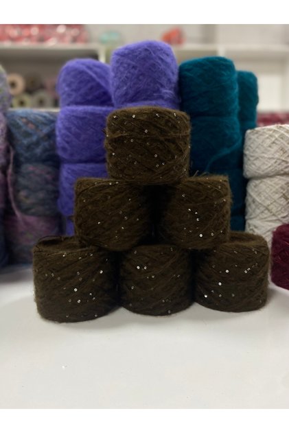 Moher akrilik renk kahve ve siyah gümüş pullu görsel net 600 gram