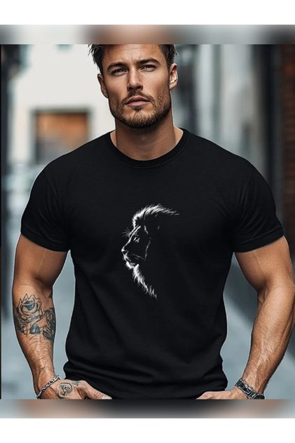 Unisex Oversized Aslan1 Printed Cotton Crew Neck Short Sleeve Black T-Shirt
