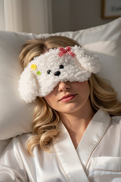 Beyaz Renk Köpek Motif Peluş Uyku Bandı