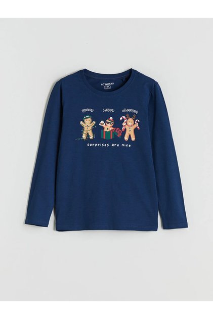 Lcw Kids Navy Blue Crew Neck Christmas Themed Boys' Pajamas Set