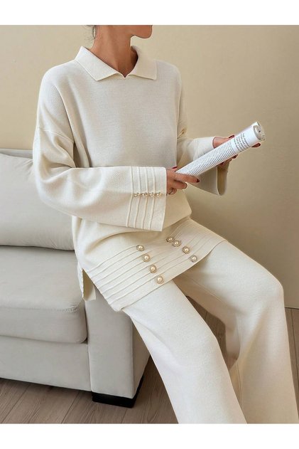 Button Detailed Stylish Tunic Pants Knitwear Set