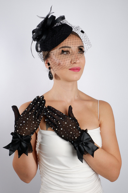 Limelia Black Tulle Rhinestone Evening Dress Gloves and Feather Fascinator  Hat Set- Trendyol