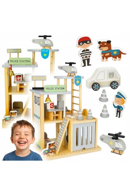Set din lemn – Comisariat de Poliție cu vehicule, figurine și elicopter – Jucărie educativă