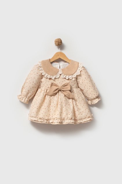 Baby Girls' Collared Floral Lined Long Sleeve Dress for Birthday, Party, Wedding, Special Occasion