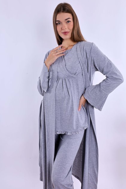 Effortt Gri Sabahlıklı Hamile Lohusa Pijama Takımı