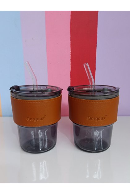 2-Piece Leather-Smoked Cold Coffee Cup with Straw Lid