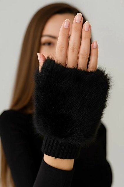 Kadın Kürk Detaylı Kesik Parmaksız Eldiven Siyah Yumuşak Dokulu Kışlık Model Faux Soft Peluş Eldiven
