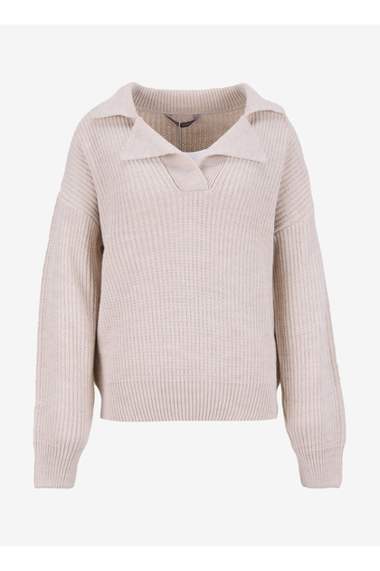 Polo Neck Regular Fit Striped Ecru Women's Sweater 261 Lcf 241003 Cora Ekru