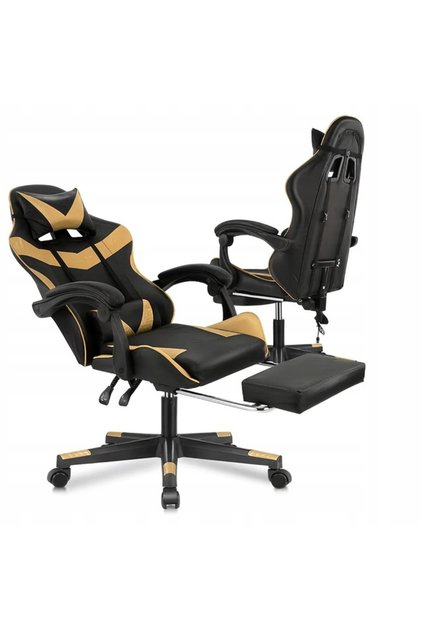 Scaun gaming ergonomic tip scoica, reglabil, tetiera si perna lombara, 150 kg, negru/auriu