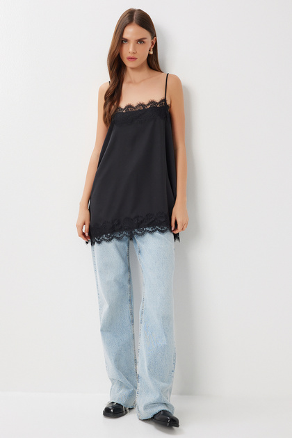 Lace Satin Surface Camisole Blouse Lrx0016 Black