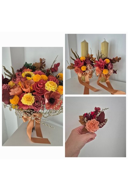 Pachet nunta/cununie, buchet mieasa, 2 lumanari 40 cm, cocarda mire, flori sola, eucalipt criogenat