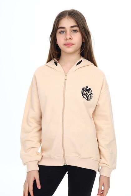 Beige Girl's Hooded Zippered Off-Shoulder Embroidery Printed Slit Detailed Knitted Cardigan