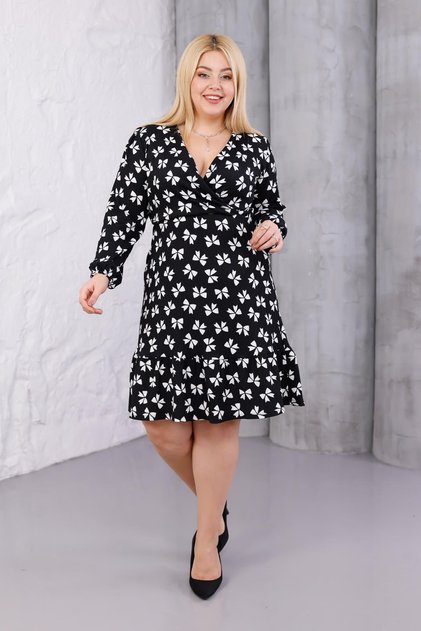 Women's Black Ribbon Pattern Double-Breasted Collar Flexible Waist Plus Size Dress