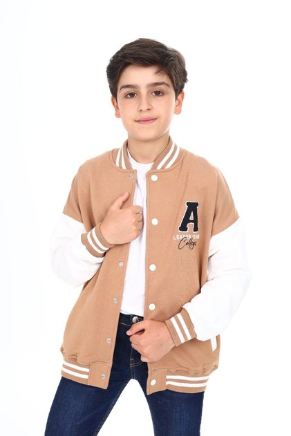 Brown Boys' College Collar Snap Closure Pocket Low Shoulder Printed Color Block Knitted Cardigan