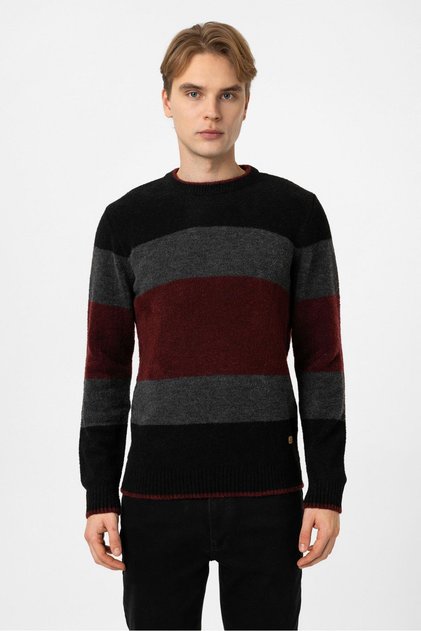 Black Regular Fit Crew Neck Striped Knit Sweater