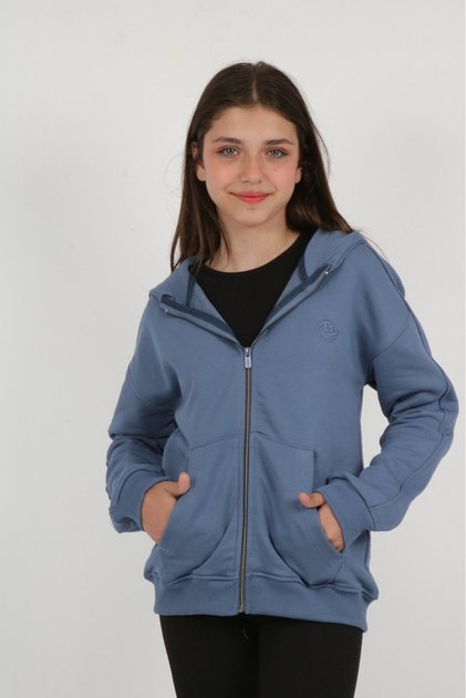 Indigo Girls' K Hooded Zippered Pocket Low Shoulder Embroidery B Printed Knitted Cardigan