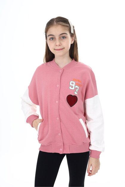 Dusty Rose Girls' College Collar Snap Closure Pocket Low Shoulder Printed Color Block Knitted Cardigan