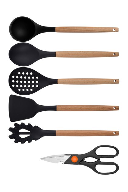 Black Bamboo Silicone - Set of 6 Including Ladle, Spoon, Colander, Pasta Strainer, Angled Spatula, Scissors