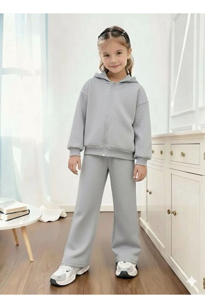 Girl's Gray Hooded Zippered Cardigan Sweatshirt-Gray Loose Fit Tracksuit Set