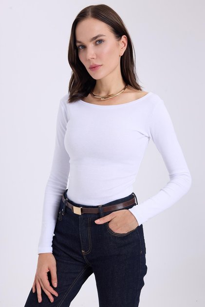 Women's Slim Fit Slim Fit Cotton Modal Fabric Long Sleeve Boat Neck White Blouse