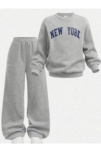 Girl's Gray New York Printed Crew Neck Sweatshirt - Gray Loose Fit Tracksuit Set