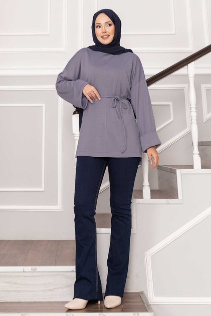 Cuffed Sleeves Belted Tunic Gray