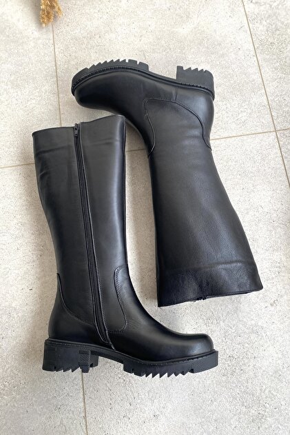 Genuine Leather Black Thick Sole Women's Boots under the Knee Tmd2025001
