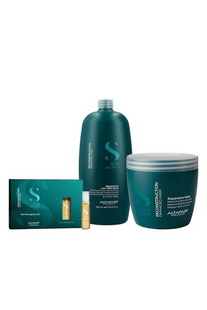 Set Reconstrucție Alfaparf Semi di Lino – Șampon, 1000 ml + Mască, 500 ml + Ulei SOS de Urgență 6x13ml