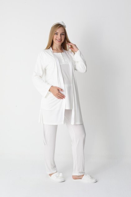 Women's Ecru Lace Detailed Long Sleeve Special Design Maternity Pajama Set