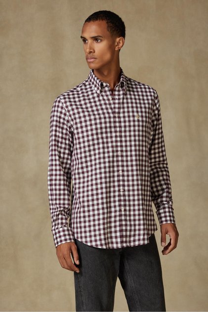 Luca Flannel Viscose Blend Comfort Fit Burgundy Button down Collar Men's Checkered Shirt