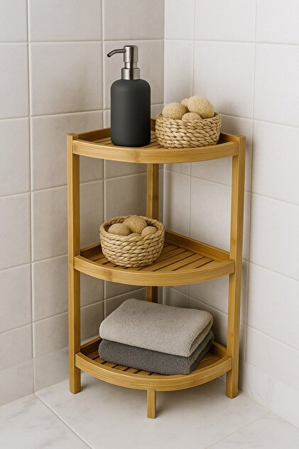 Decorev Doğal Bambu 3 Katlı Köşe Banyo Rafı – Suya Dayanıklı Ahşap