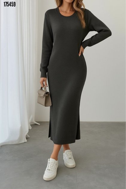 New Season Knitwear Midi Length Women's Dress Long Sleeve Crew Neck Slit Detail