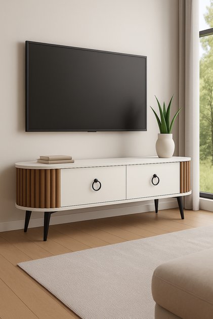 DEKORATİF Ovalli Çıtalı 2 Kapaklı TV Ünitesi – Ceviz Detaylı, 150 cm, Duvara Monte Edilebilir
