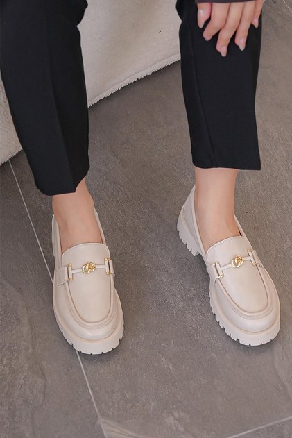 Hermi̇ni̇a Imported Leather Women's Daily Shoes with Buckle Detail Beige