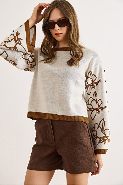 Women's Ecru Camel Hair Spanish Sleeve Patterned Knitwear Sweater Kzk-19000827