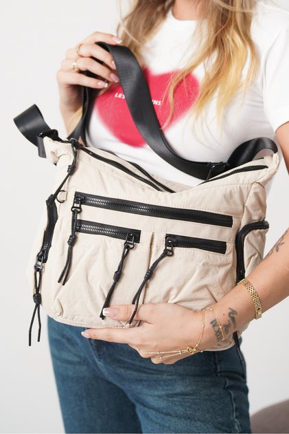 Women's Beige Multi-Compartment Waterproof Crinkle Casual Crossbody Bag